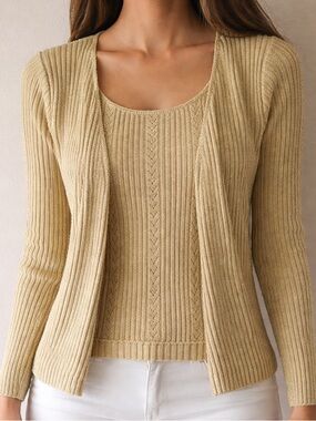 Womens Vintage Gold Metallic Cardigan Sweater Knit Button Front Casual Small Top